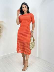 Lace Midi Dress With Short Sleeves And Lining - 橘色 - 查看 2