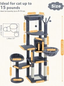 PAWZ Road 150cm Cactus Scratching Post, High Scratching Post For Large Cats, Multi-Storey Cat Tower, Scratching Post For Indoor Cats, Cat Apartment With Large Hammock, Scratching Post And 2 Perches - 深灰色 - 查看 4