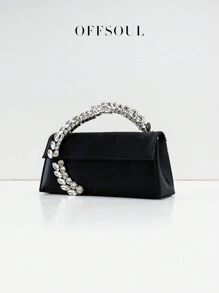 Asymmetrical Rhinestone Satin Handbag, New Fashionable Lady Party Dress Clutch, Asymmetrical Asymmetric Small Square Chain Shoulder/Crossbody Bag - Black - View 6