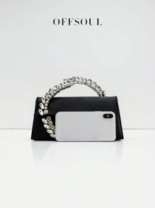 Asymmetrical Rhinestone Satin Handbag, New Fashionable Lady Party Dress Clutch, Asymmetrical Asymmetric Small Square Chain Shoulder/Crossbody Bag - Black - View 10