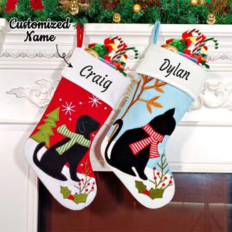 1pc Personalized Christmas Stocking With Dogs Cats, Custom Pet Stockings With Embroidered Name, Xmas Stockings With Cat And Dog Patterns, Christmas Decoration Fireplace Hang Stocking