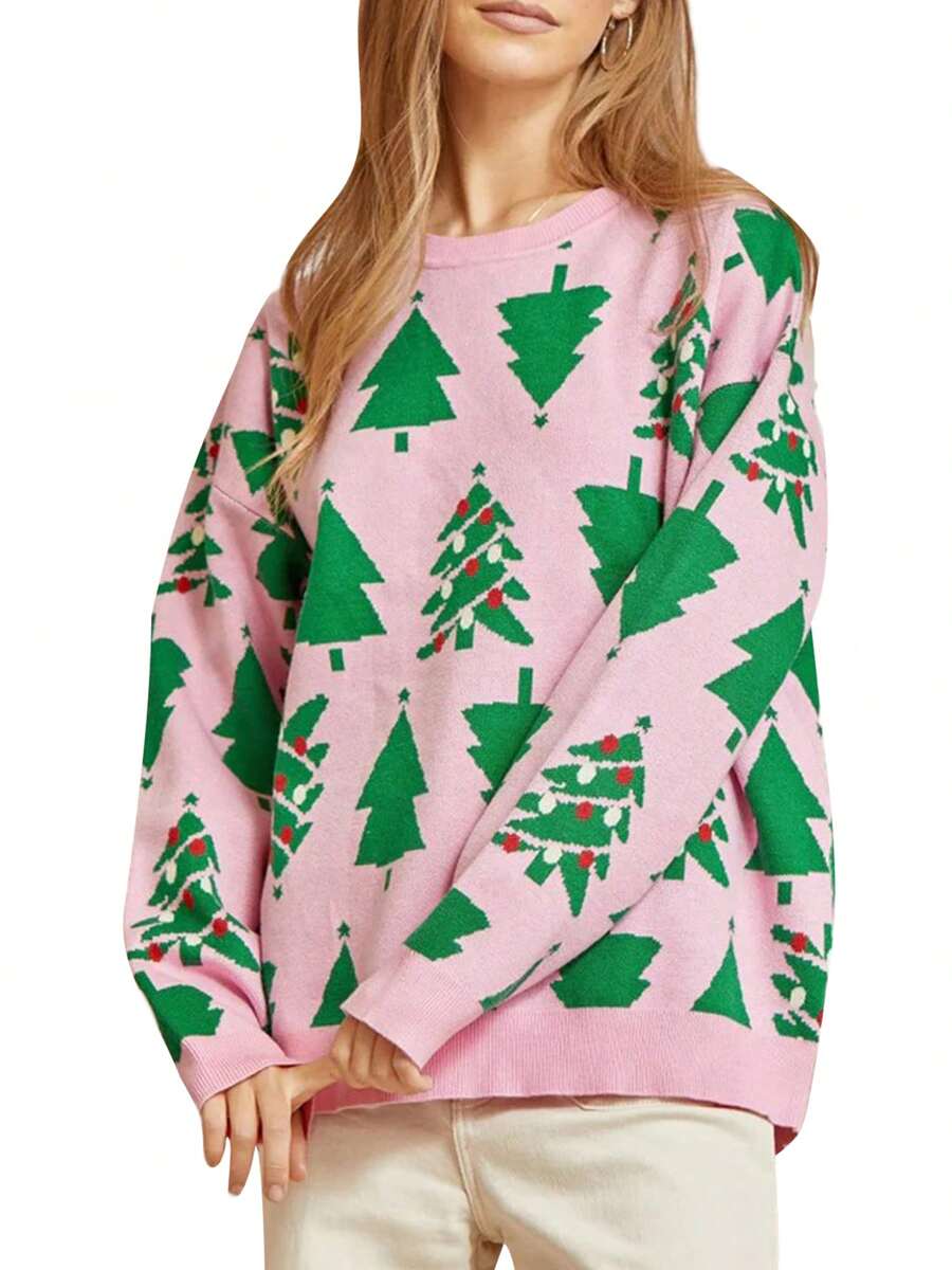 Women Comfy Sweaters Casual Warm Christmas Tree Print Long Sleeve Pullover Basic Knitwear For Fall Streetwear