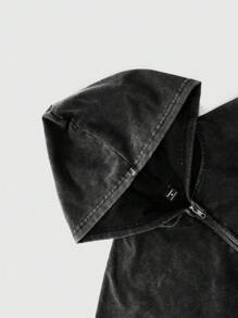 Men's Contrast Letter & Badge Vintage Print Full Zip Hooded Sweatshirt, Spring & Autumn