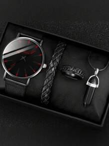 4pcs/Set Fashionable Men's Black Round Face Casual Alloy Quartz Analog Watch, Necklace, Ring Jewelry Set