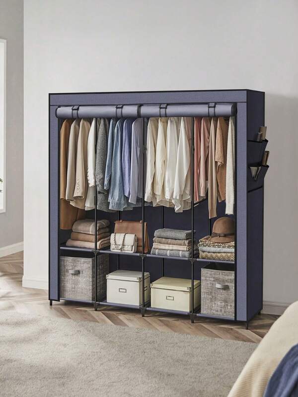SONGMICS Armario de Ropa, Armario de Tela Portátil, con 4 Barras para Colgar, Estantes, 4 Bolsillos Laterales, 45 x 170 x 167 cm, Espacioso para Dormitorio, Salón, Azul Oscuro