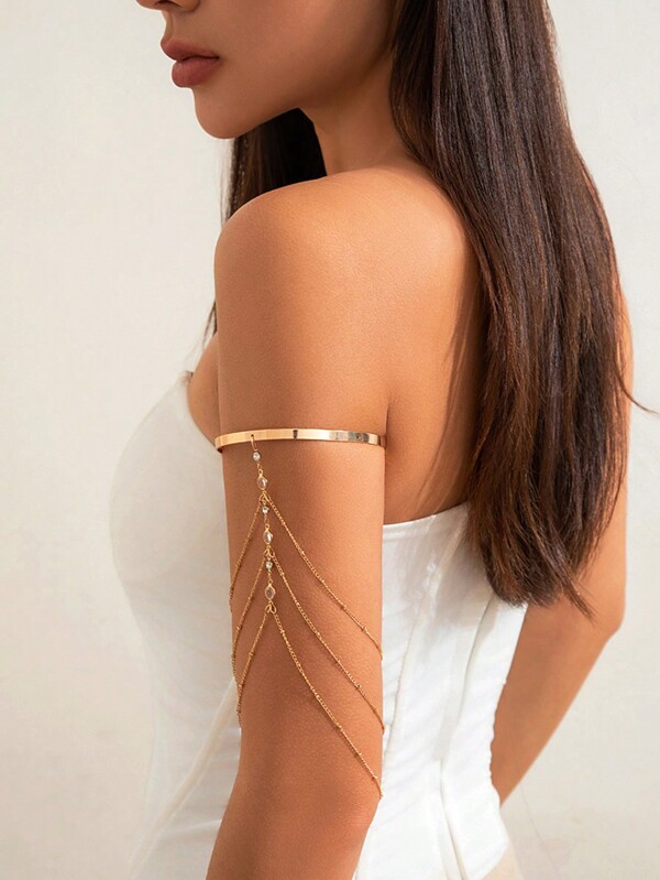Bracelete de Braço Ajustável com Corrente de Metal e Franja, Joias Corporais Sexy para Mulheres