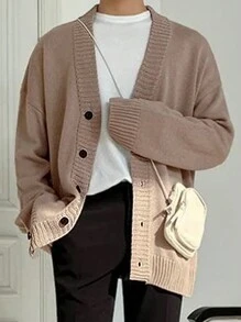 Unisex Casual V-Neck Button Cardigan, Loose Design Korean Fashion Loose Fit Knitted Sweater For Autumn/Winter, Minimalist Style