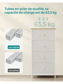 SONGMICS Commode, Meuble de Rangement pour Chambre, Colonne de Rangement en Tissu avec 4 Tiroirs, Cadre en Métal, Blanc et Couleur Boisée