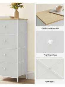 SONGMICS Commode, Meuble de Rangement pour Chambre, Colonne de Rangement en Tissu avec 4 Tiroirs, Cadre en Métal, Blanc et Couleur Boisée