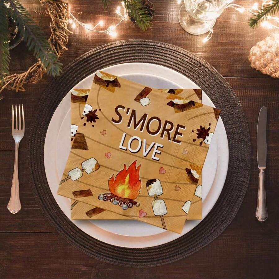 24/48/96 件篝火派对餐巾,卡通 S'MORES LOVE 设计,适合聚会、庆祝、烧烤、心形和火焰,柔软的一次性餐巾,生日、节日、活动、桌面和盘子的派对装饰 - 彩色 - 查看 1