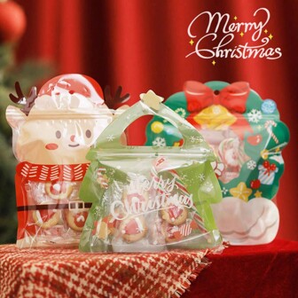 30pcs Creative Christmas Gift Bags, Cartoon Cute Design, Self-Sealing, Portable (10pcs Green Christmas Tree Design Without Quantity)