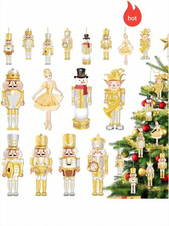 8pcs/16pcs/24pcs/32pcs Christmas Gold Wooden Nutcracker Figurines, Wooden Hanging Crafts Decorations, Traditional Nutcracker Soldier & Snowman Christmas Ornaments, Suitable For Home Decor, Holiday, Christmas Party Supplies