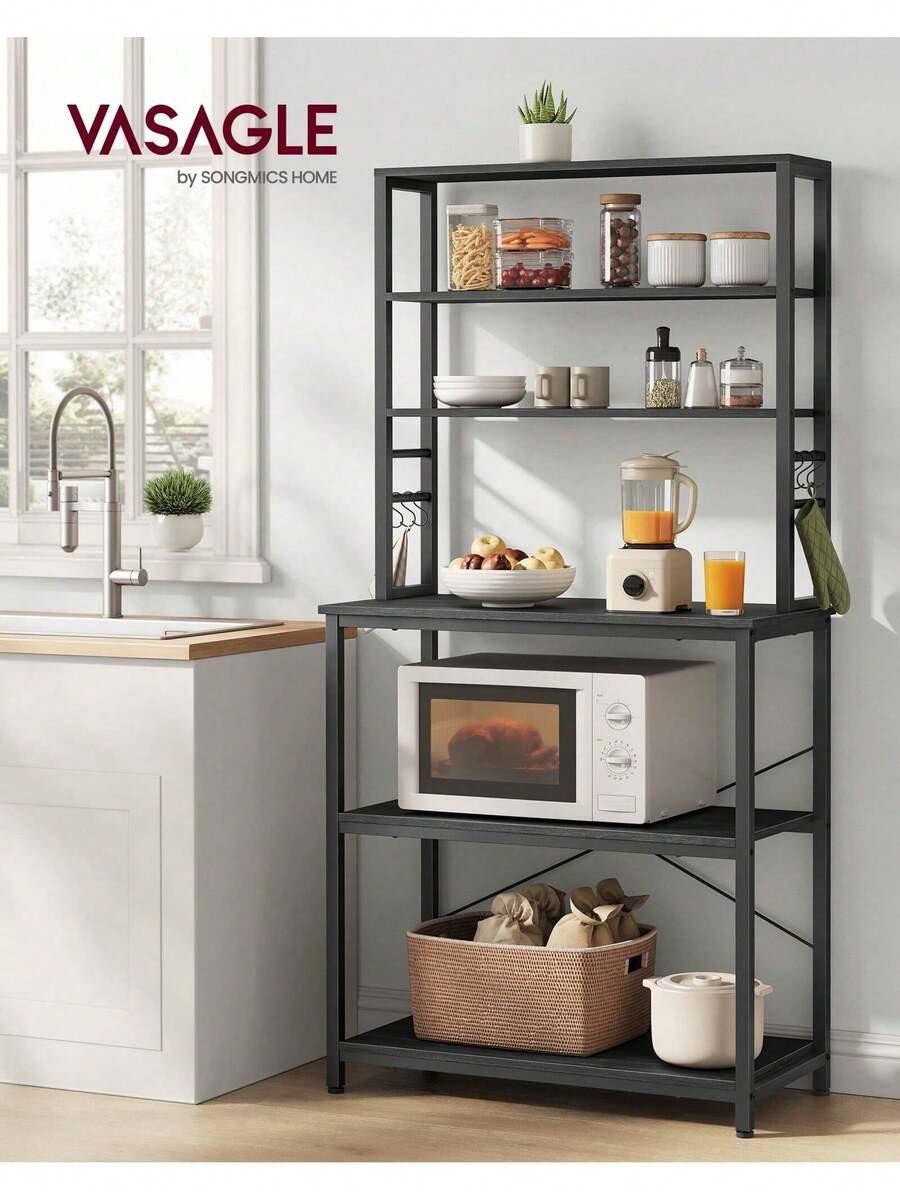 VASAGLE Estantería de Cocina, Estantería de Panadería, 6 Estantes y 6 Ganchos, para Microondas, Marco de Acero, Industrial, 40 x 80 x 167 cm, Gris Carbón y Negro Tinta - Gris Oscuro - Ver 1