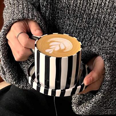 Cabin Kangaroo 1set Nordic Style Striped Ceramic Cup & Saucer Set, American Style Cylindrical Latte Coffee Cup & Saucer Set, Household Drinking Cup, Exquisite Afternoon Tea Cup & Saucer Set