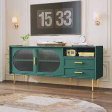 Modern 60" TV Stand For 55/60/65 Inches TVs, Glass Door TV Cabinet With Drawers, Entertainment Center With Storage, Green Television Stands, Wood Media Console Table For Bedroom, Living Room - màu xanh lá - Xem 1