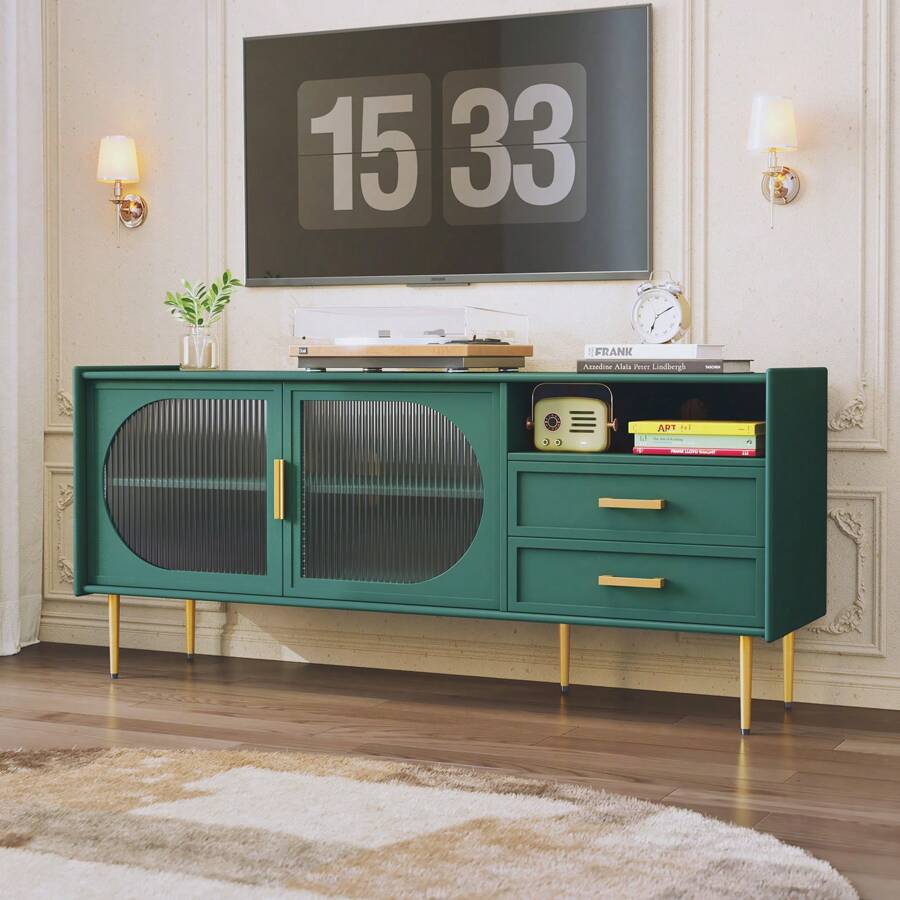 Modern 60" TV Stand For 55/60/65 Inches TVs, Glass Door TV Cabinet With Drawers, Entertainment Center With Storage, Green Television Stands, Wood Media Console Table For Bedroom, Living Room - màu xanh lá - Xem 1