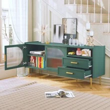 Modern 60" TV Stand For 55/60/65 Inches TVs, Glass Door TV Cabinet With Drawers, Entertainment Center With Storage, Green Television Stands, Wood Media Console Table For Bedroom, Living Room - màu xanh lá - Xem 3