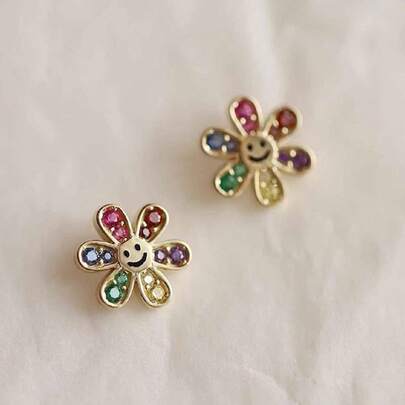 1 Cặp bông tai đinh tán hình hoa cười bằng bạc Sterling S925 6 màu Cubic Zirconia, Quà tặng trang sức đa năng cho phụ nữ, bạn bè Valentine