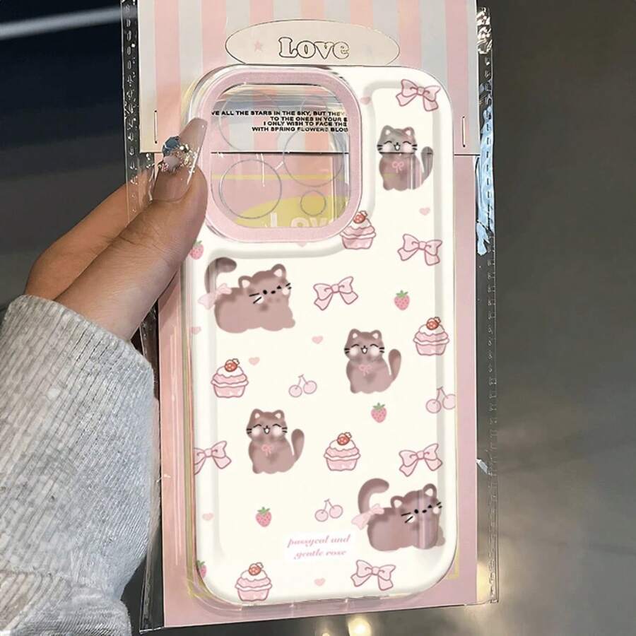 粉色镜片 + 甜点纸杯蛋糕 + 蝴蝶结草莓小猫图案穿孔手机壳,适用于 Apple iPhone11 13 15 16 12 Pro Promax Plus Mini 7 8 Se、S21 S22 S23 S24ULTRA/iPhone17/17pro/17Promax/Air,可爱的智能手机保护套 - 無色 - 查看 1