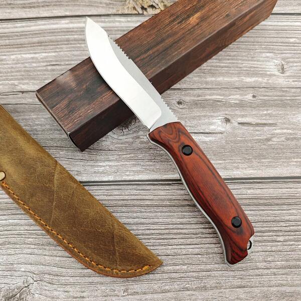 15002 Tactical Outdoor Straight Knife Stable Wooden Handle Portable Hunting Camping Fixed Knife High Hardness Sharp Fruit Knife Leather Sheath
