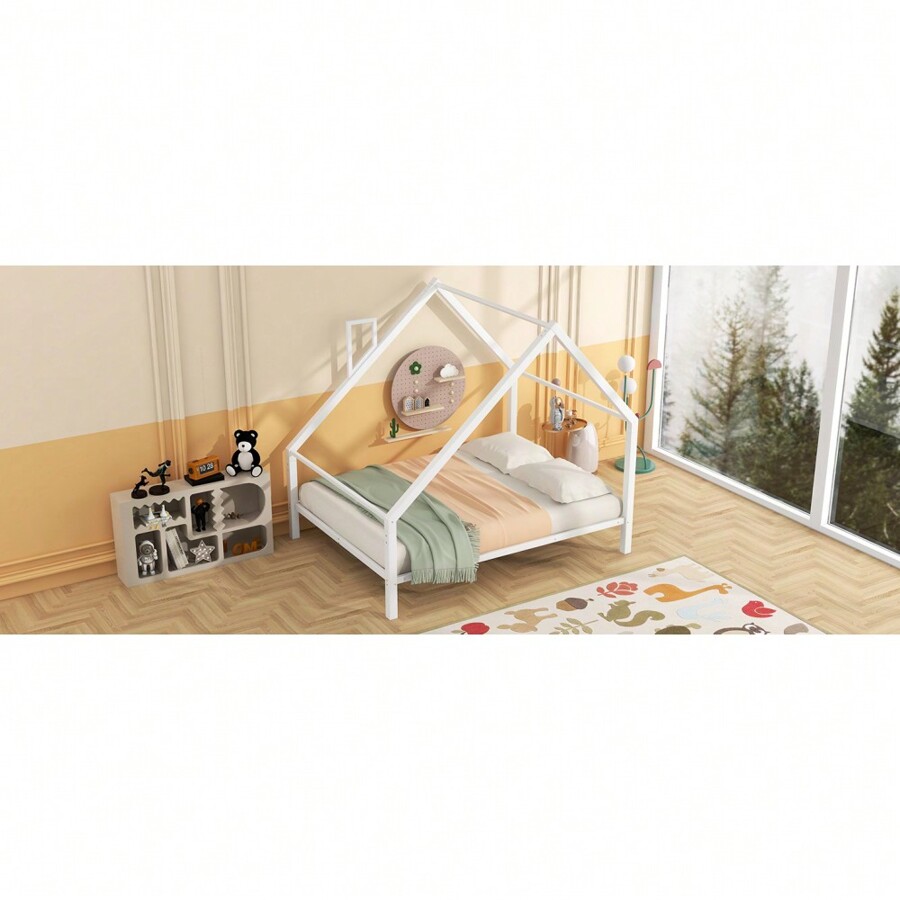 Full Size Metal House Platform Bed With Roof And Chimney, White SHEIN USA