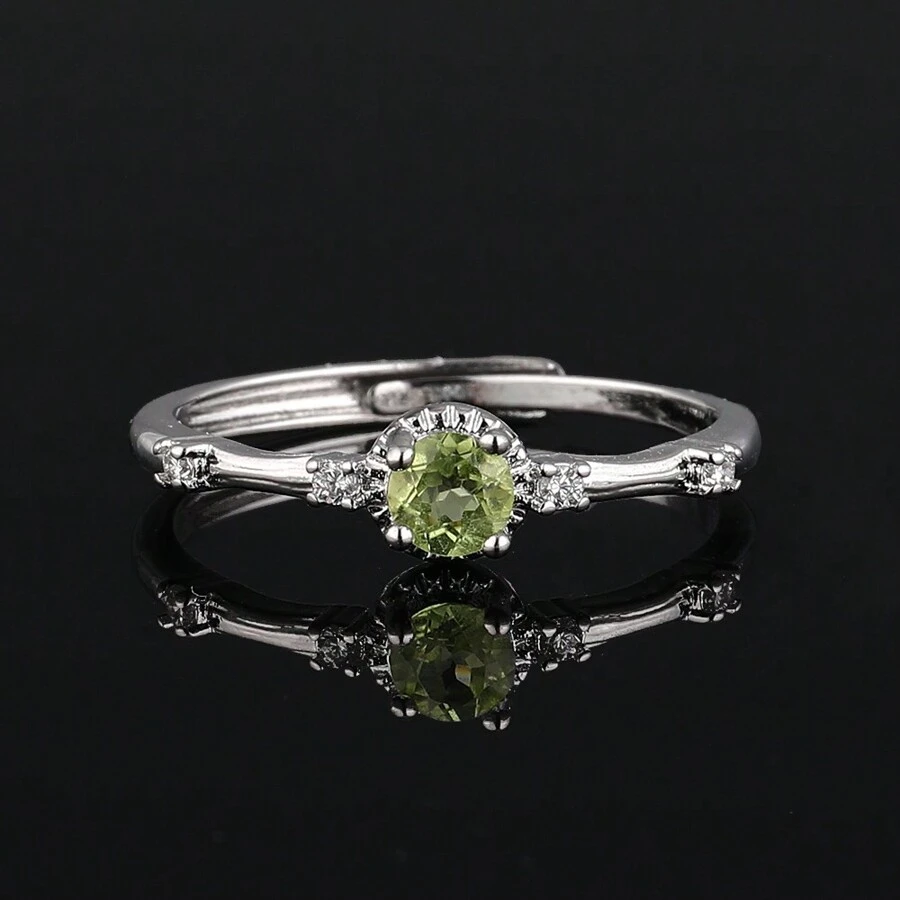 可调节 100% 纯天然橄榄石戒指，铜镀银戒指，派对礼物，珠宝，幸运石，女士美容护肤品 - 橄欖 - 查看 1