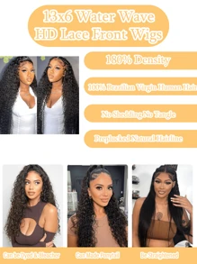 13x6 Water Wave Lace Front Wigs Human Hair HD 13x6 Lace Frontal Wigs Human Hair Wigs For Women 180% Density Wet And Wavy Lace Front Wigs Human Hair Pre Plucked With Baby Hair Natural Color