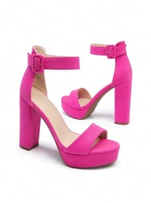 New Arrival Women Platform Chunky Heeled Sandals, Fashion Buckle Decor Ankle Strap Open Toe Ultra High Heel Sandals Elegant Banquet Party Heels - 玫紅色 - 查看 7