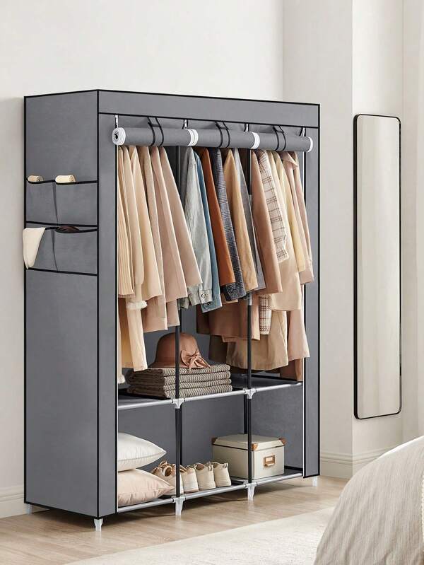 SONGMICS Armario de Ropa, Armario de Tela Portátil, con 3 Barras para Colgar, Estantes, 4 Bolsillos Laterales, 45 x 130 x 167 cm, Espacioso para Dormitorio, Salón, Gris