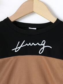 Young Boys Slogan Print Contrast Color Round Neck Sweatshirt & Sweatpants Set, Comfortable & Stylish For Autumn/Winter