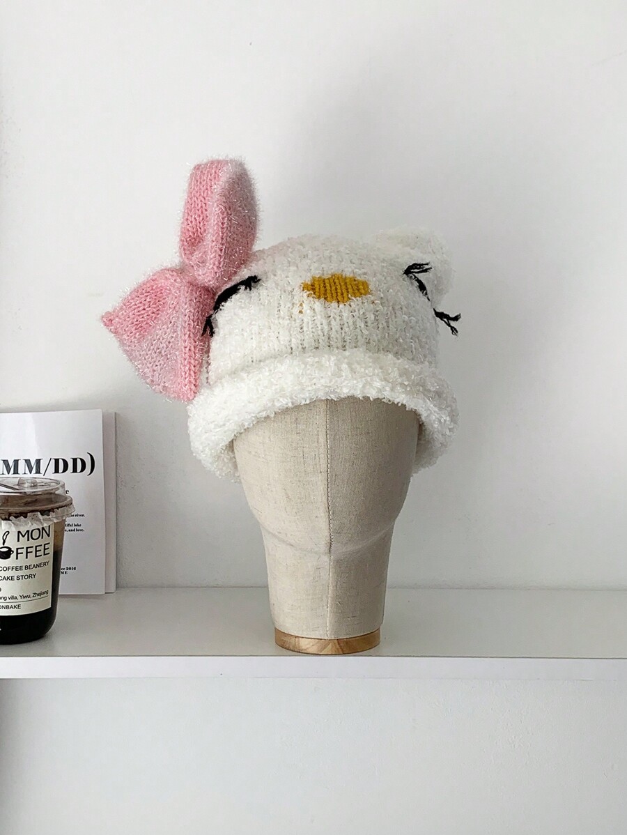 1pc New Cute Cartoon Plush Earflap Beanie Hat, Women's Warm Bow Rolled