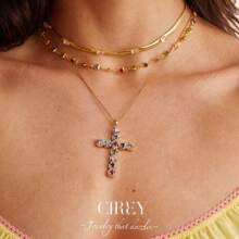 CIREY 复古多层项链，彩色锆石十字链和心形吊坠项链，可爱奢华的不对称设计 - 黃金色 - 查看 6