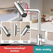 Grifo de cocina, grifo de alta presión, grifo de fregadero, grifo monomando, grifo de lavabo, giratorio 360°, cuatro funciones de pulverización, acero inoxidable 304, agua fría y agua caliente, para cocinas, granjas, casas rodantes, lavanderías - Plateado - Ver 2