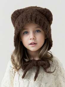 1pc Cute Tie-Up Bear Knit Beanie Hat, Warm Ear Ion, Solid Color, Windproof Outdoor Ski Cap, Autumn/Winter