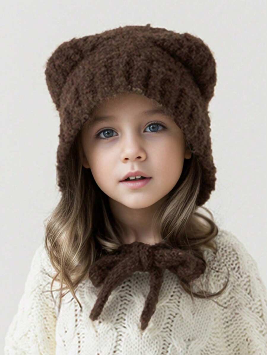 1pc Cute Tie-Up Bear Knit Beanie Hat, Warm Ear Ion, Solid Color, Windproof Outdoor Ski Cap, Autumn/Winter