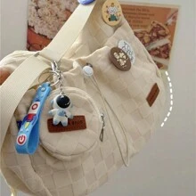 Harajuku Style College Crossbody Bag Solid Color Plaid Print Large Capacity Shoulder Bag New Cute Fashion Designer Handbag - 白色 - 查看 6