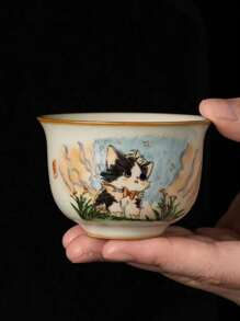 1pc/2pcs Cat Pattern Ceramic Tea Cup, Cute Ru Kiln Ceramic Tea Cup, Minimalist Mug, Gongfu Tea Cup, Premium & Exquisite Tea Drinking Cup Back To School - Multicolor - View 16