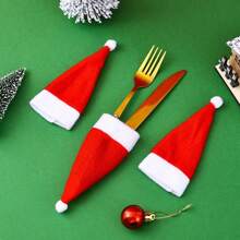 10pcs/30pcs Mini Santa Hat Cutlery Set, Christmas Wine Bottle Hat, Plush Candy Cane Hat, Christmas Decoration