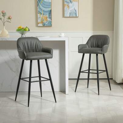 HOMCOM Set 2 Sgabelli da Bar in Pelle PU, Sgabelli da Cucina Moderni con Poggiapiedi e Gambe in Acciaio, Sedie Alte con Schienale, Grigio Scuro