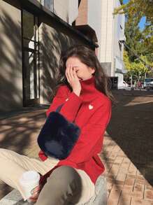 Áo len cổ lọ dệt kim thường ngày mới thu/đông 2025 cho nữ, họa tiết trái tim màu đỏ, phong cách ngọt ngào, mặc hàng ngày - Đỏ - Xem 5