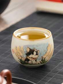 1pc/2pcs Cat Pattern Ceramic Tea Cup, Cute Ru Kiln Ceramic Tea Cup, Minimalist Mug, Gongfu Tea Cup, Premium & Exquisite Tea Drinking Cup Back To School - Multicolor - View 10