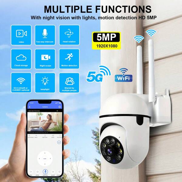 Telecamera di sicurezza esterna/interna senza fili WiFi, dual-band 2,4G + 5G 8MP/5MP 1080P HD, telecamera di sorveglianza smart con rotazione PTZ a 350° orizzontale e 90° verticale, rilevamento AI del movimento, visione notturna a colori, faro e funzionalità di tracciamento automatico, adatta per uso domestico