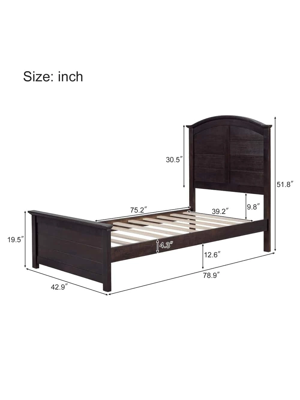 Farmhouse Wooden Platform Twin Size Bed With Curl Design Headboard And