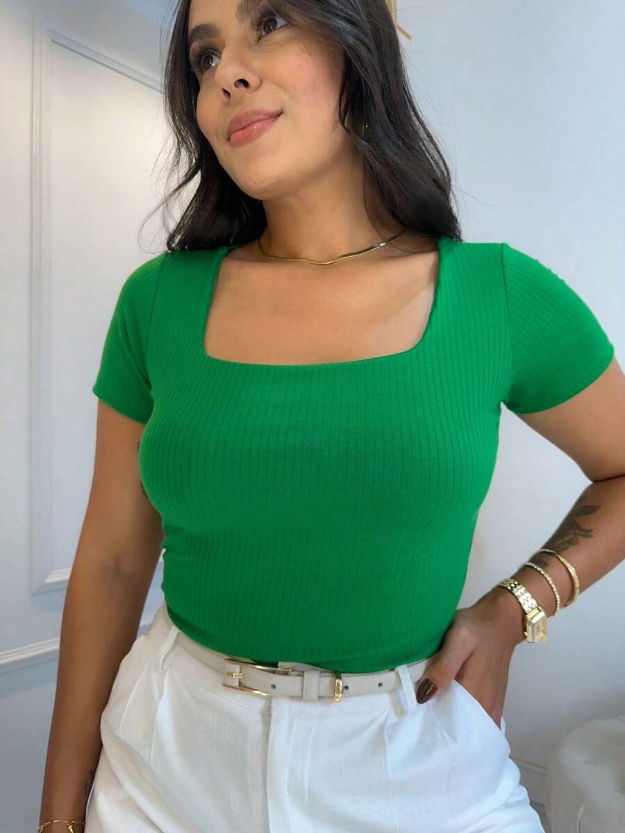 Women's Ribbed Blouse Square Neck Short Sleeve Casual Everyday Blouse - 綠色 - 查看 1