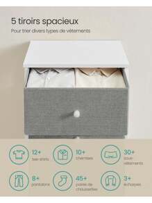 SONGMICS Commode, Meuble de Rangement pour Chambre, Colonne de Rangement en Tissu avec 5 Tiroirs, Cadre en Métal, Gris Tourterelle et Blanc Crème