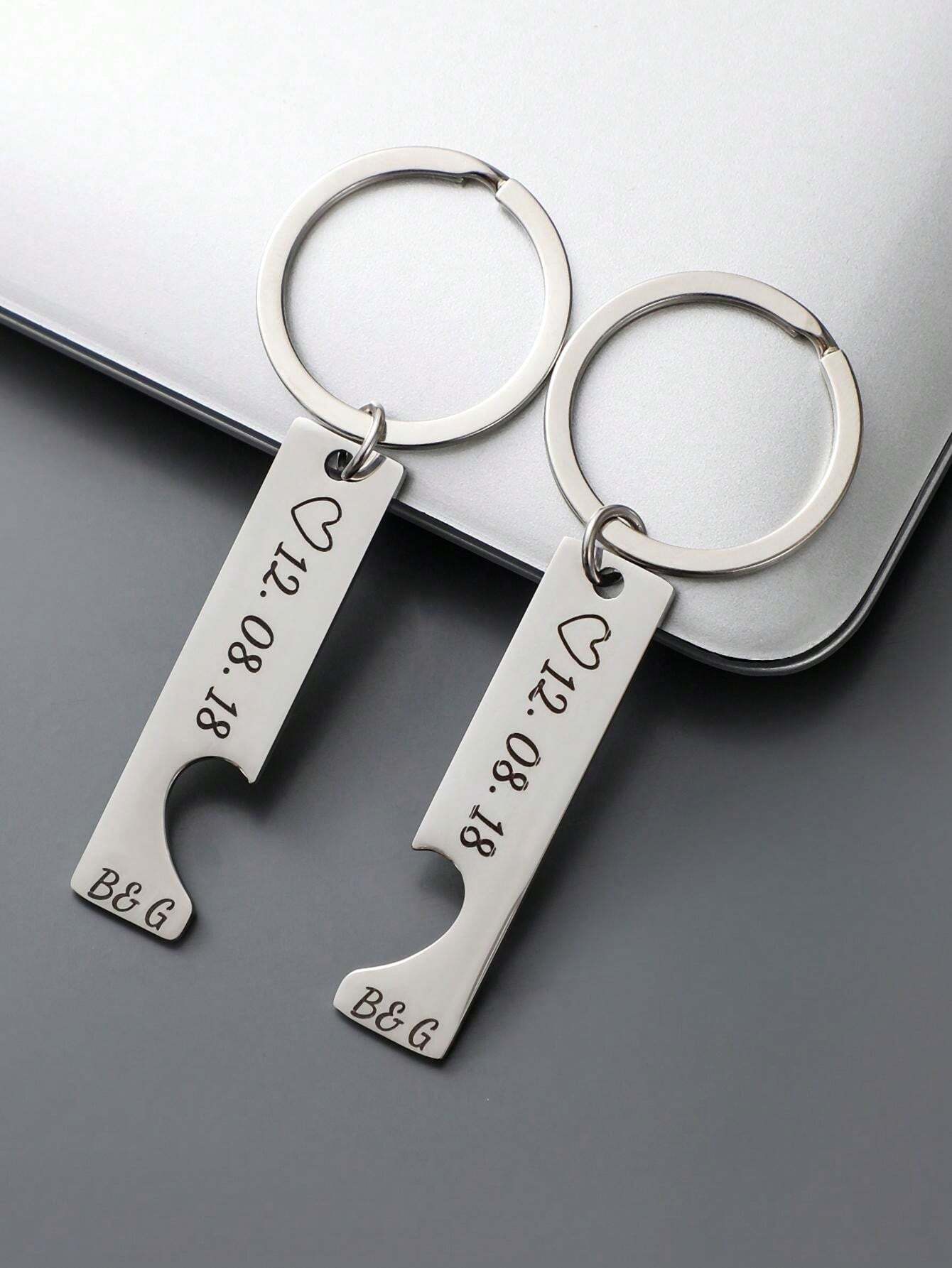 Custom Engraved Heart Couple Keychain Set, Wedding Date Keyring With
