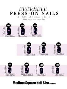 24 件中长方形可爱粉色 3D 浮雕心形系列按压式假指甲套装，包括 1 件果冻凝胶和 1 件指甲锉，适合女性居家、派对、工作、约会、聚会 - 黑色 - 查看 5