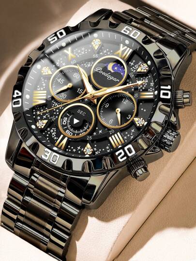 Sports Men Watch Waterproof Chronograph Men's Watches Luminous Stainless Steel Luxury Watch For Man Quartz +Box,1PC