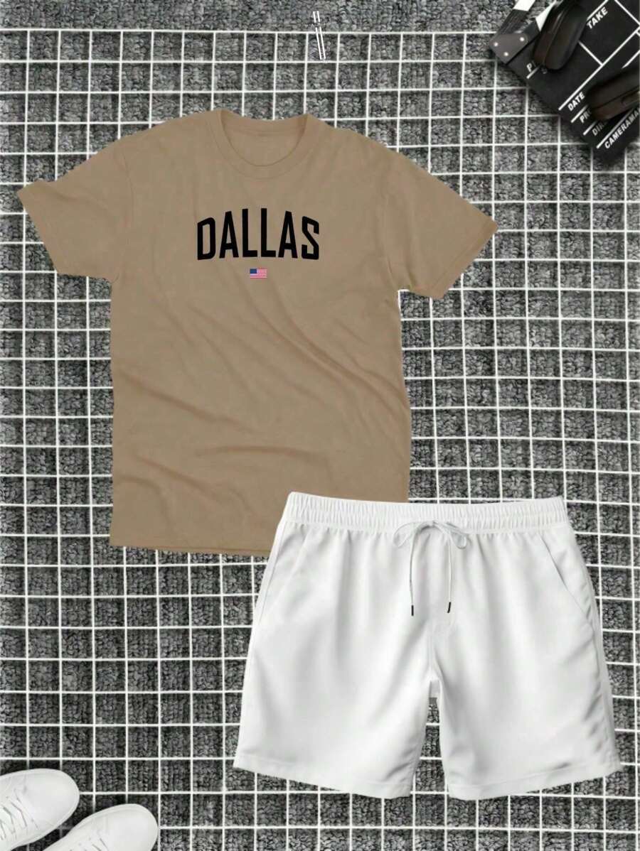 Cotton T-Shirt Kit + TECTEL Shorts With Print Summer Set - 卡其色 - 查看 1