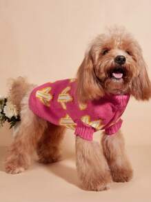 加厚针织猫咪泰迪柯基犬仙人掌图案宠物毛衣适合秋冬季 - 玫紅色 - 查看 5